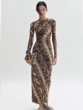 Stella McCartney H&M Long-Sleeve Snake-Print Maxi Dress in Brown and Cream